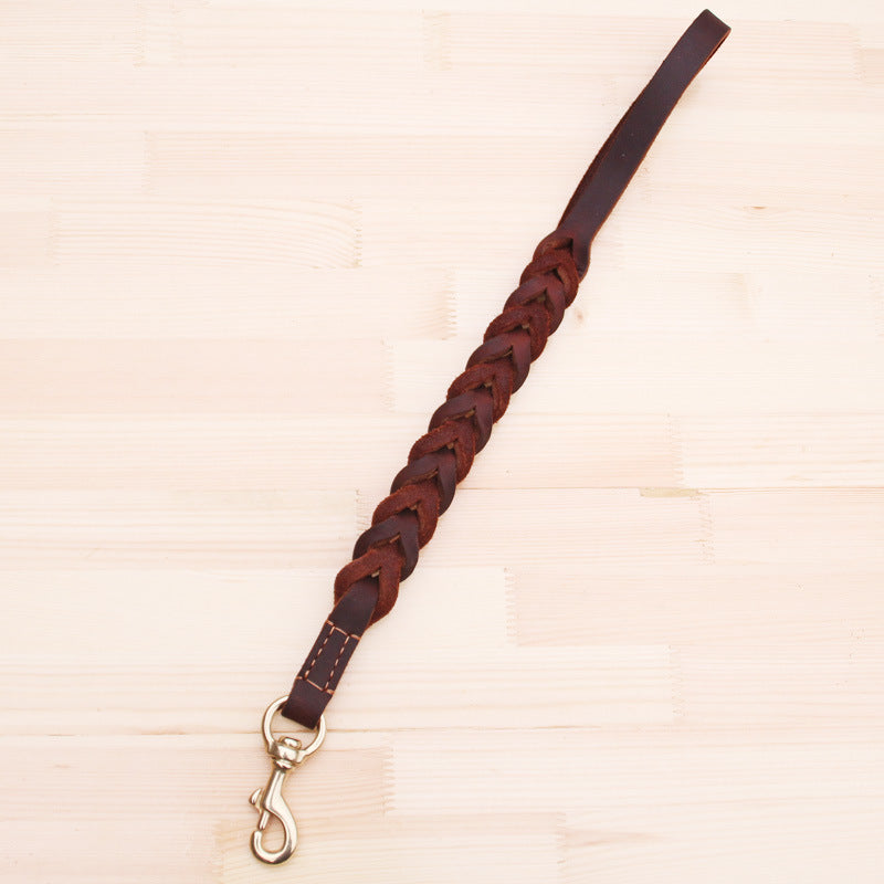 KFX-0457789 Braided Real Leather Short Dog Leash for Medium to Large Dogs - 50CM Traction Belt