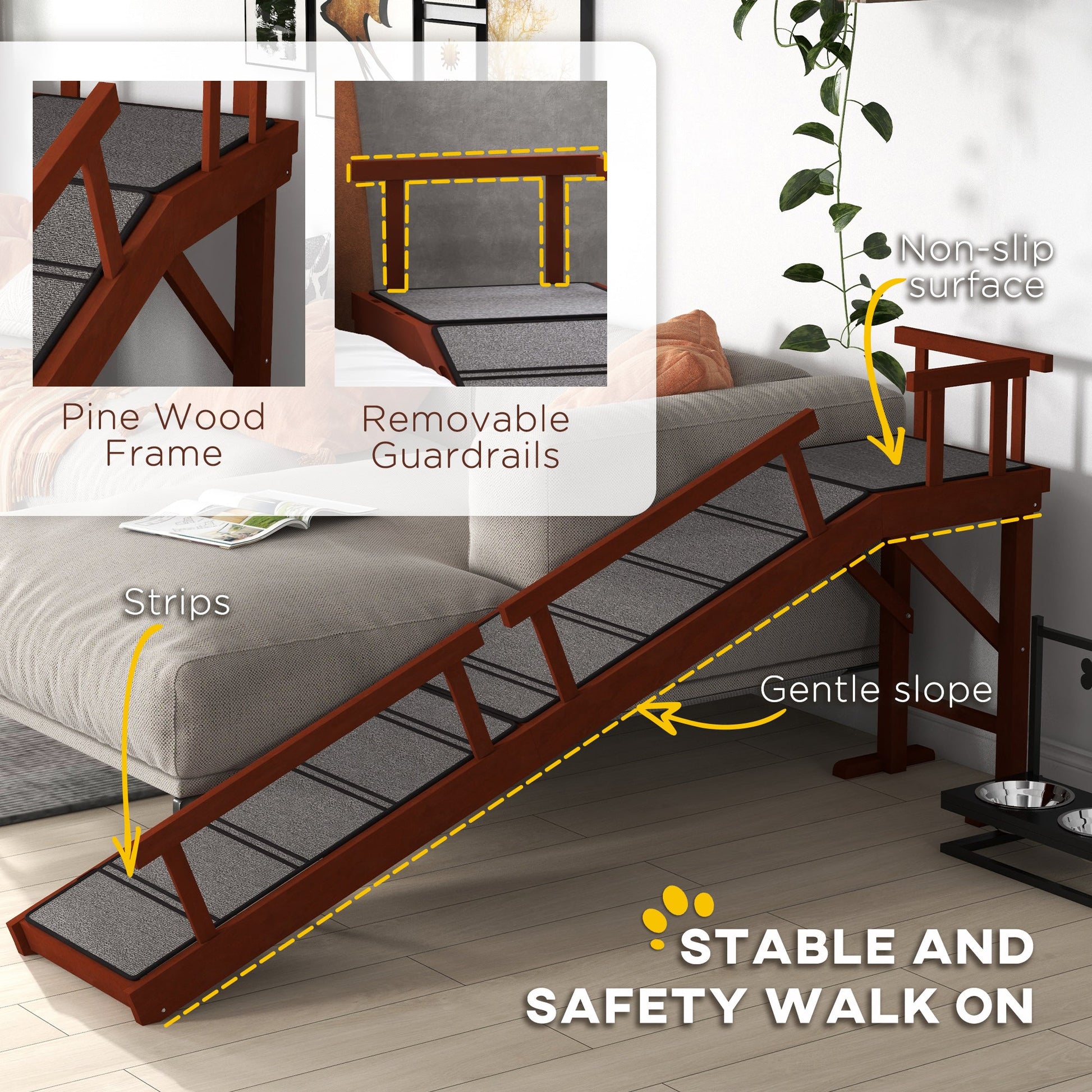 KFX-0465213 Wooden Dog Ramp with Removable Guardrails and Non-Slip Surface, 73" Long, Suitable for Pets Up to 88 lbs