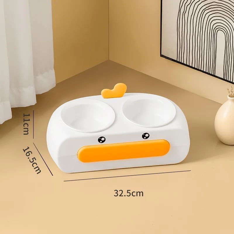 KFX-0469693 Duck Design Pet Double Bowl Tray for Cats and Dogs - Plastic Food and Water Feeder