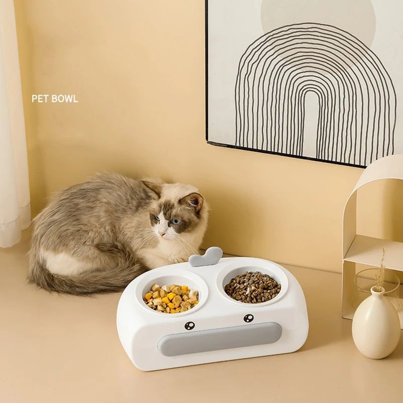 KFX-0469693 Duck Design Pet Double Bowl Tray for Cats and Dogs - Plastic Food and Water Feeder