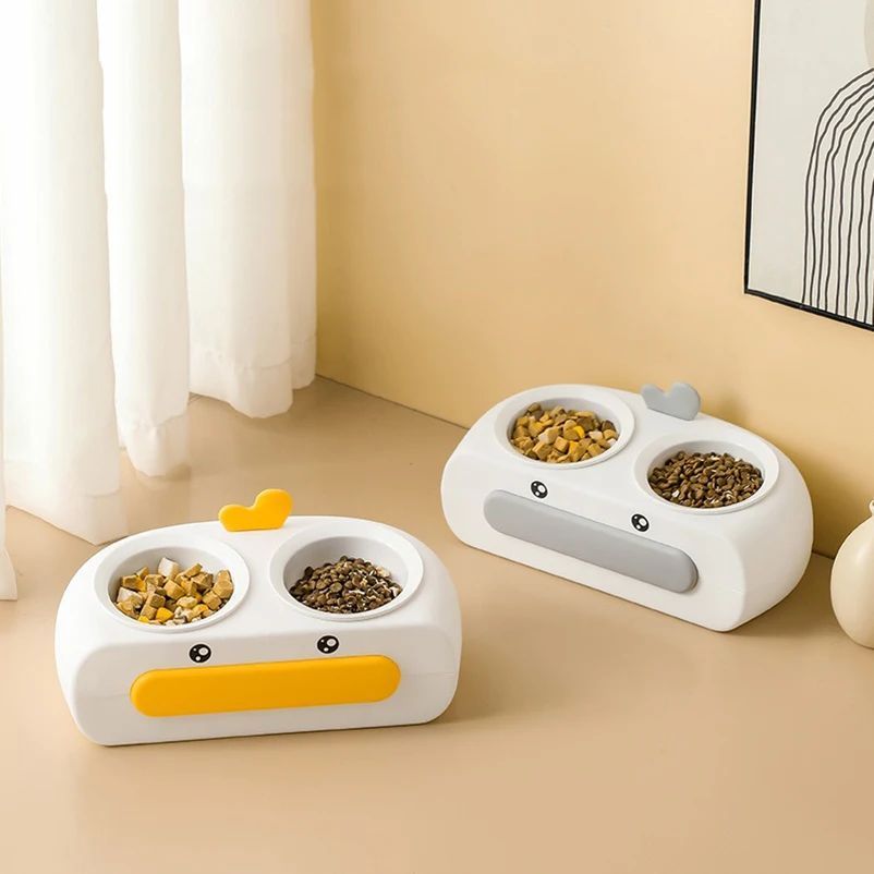 KFX-0469693 Duck Design Pet Double Bowl Tray for Cats and Dogs - Plastic Food and Water Feeder