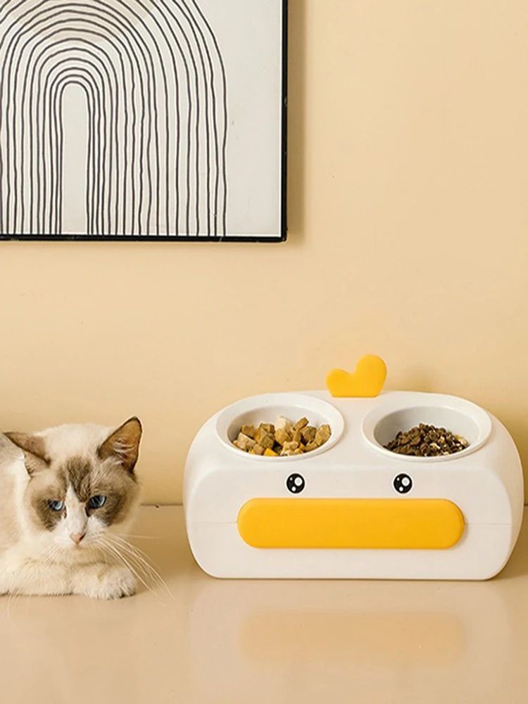 KFX-0469693 Duck Design Pet Double Bowl Tray for Cats and Dogs - Plastic Food and Water Feeder