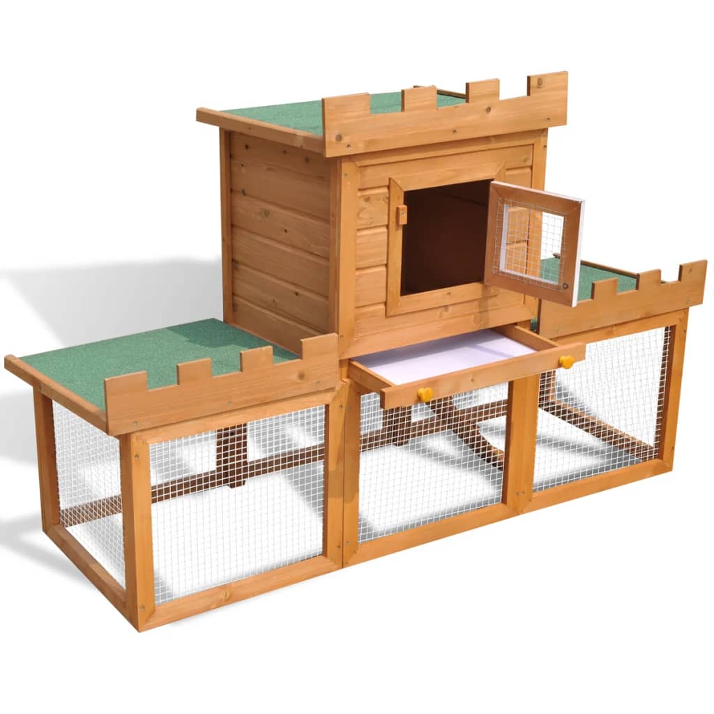 KFX-0482621 Two-Level Rabbit Hutch with Pine Wood Frame and Weather-Resistant Roof, Easy Cleaning Design