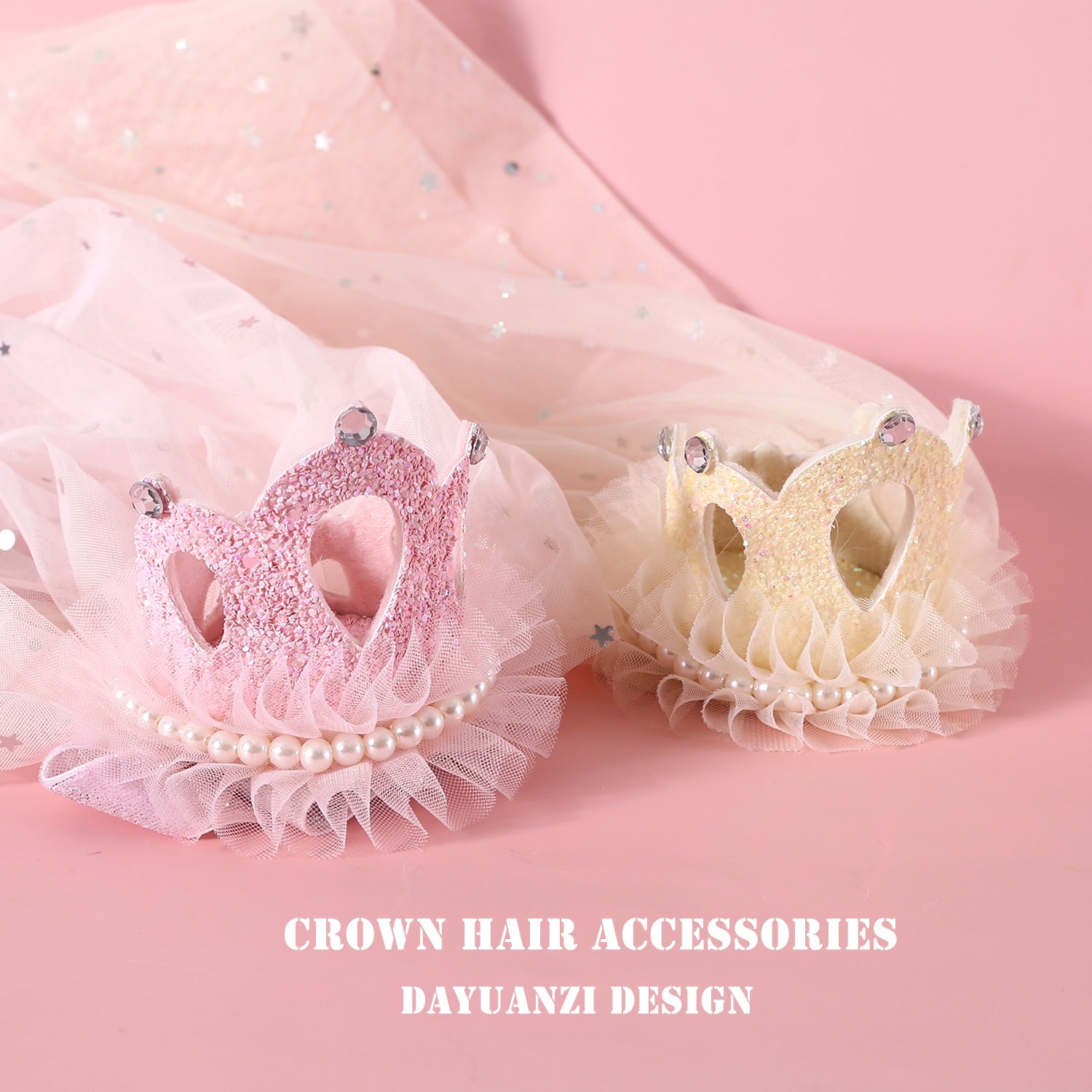 KFX-0485821 Elegant Princess Crown Headdress for Pet Weddings and Birthdays - Beige and Pink with Veil