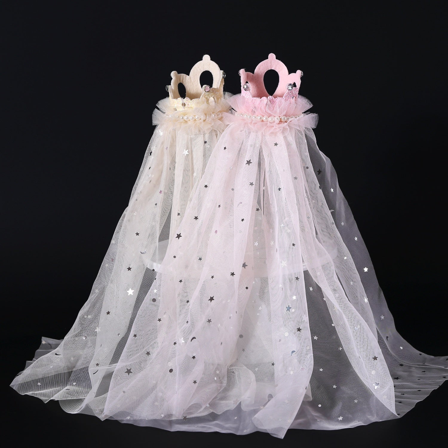 KFX-0485821 Elegant Princess Crown Headdress for Pet Weddings and Birthdays - Beige and Pink with Veil