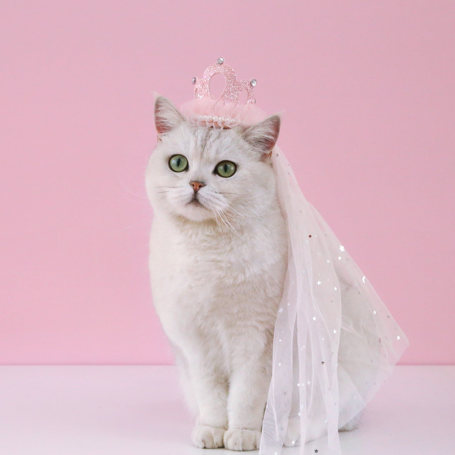KFX-0485821 Elegant Princess Crown Headdress for Pet Weddings and Birthdays - Beige and Pink with Veil