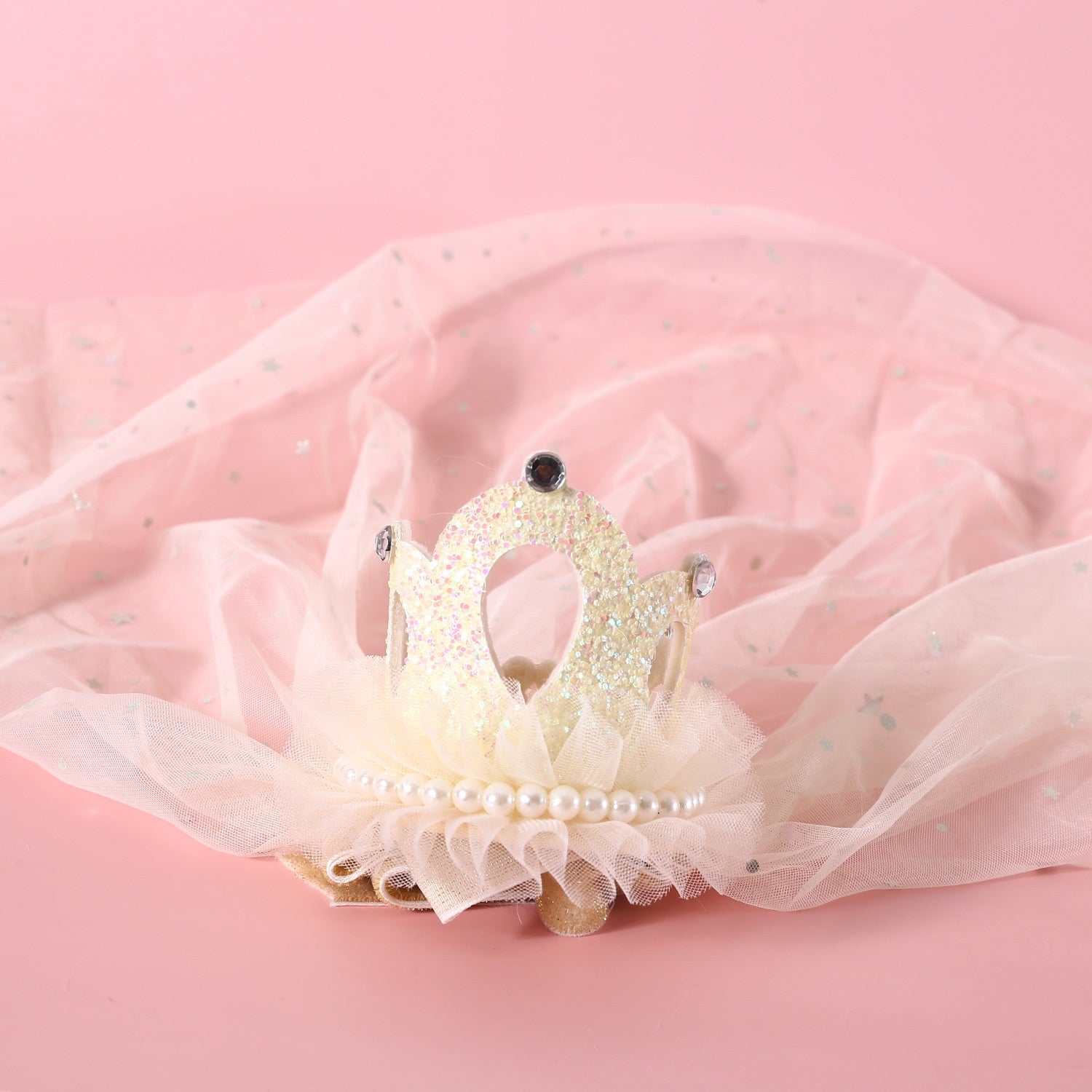 KFX-0485821 Elegant Princess Crown Headdress for Pet Weddings and Birthdays - Beige and Pink with Veil