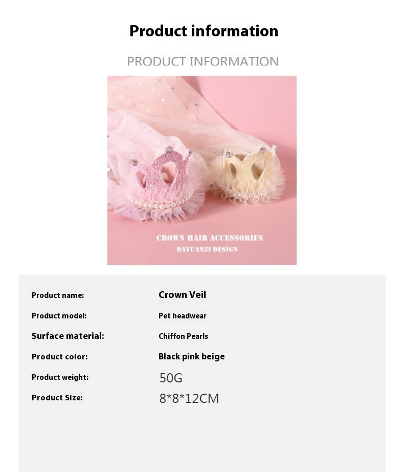 KFX-0485821 Elegant Princess Crown Headdress for Pet Weddings and Birthdays - Beige and Pink with Veil