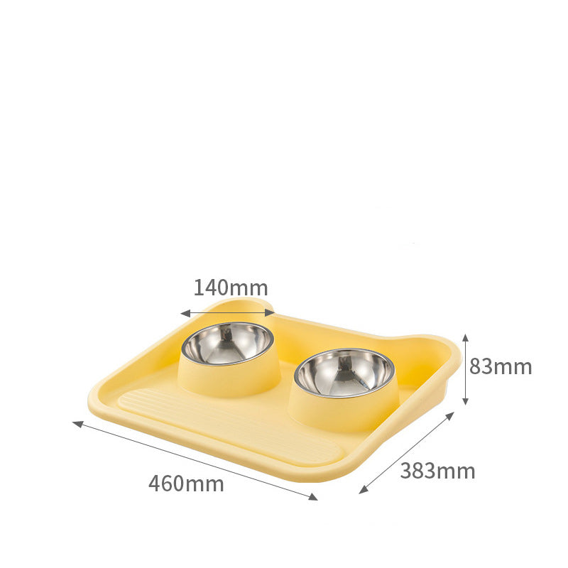 KFX-0486973 Tilted Double Bowl Feeder for Cats and Dogs - Stainless Steel, Leak-Proof, with Neck Protection
