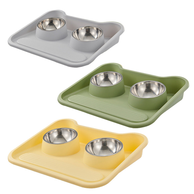 KFX-0486973 Tilted Double Bowl Feeder for Cats and Dogs - Stainless Steel, Leak-Proof, with Neck Protection