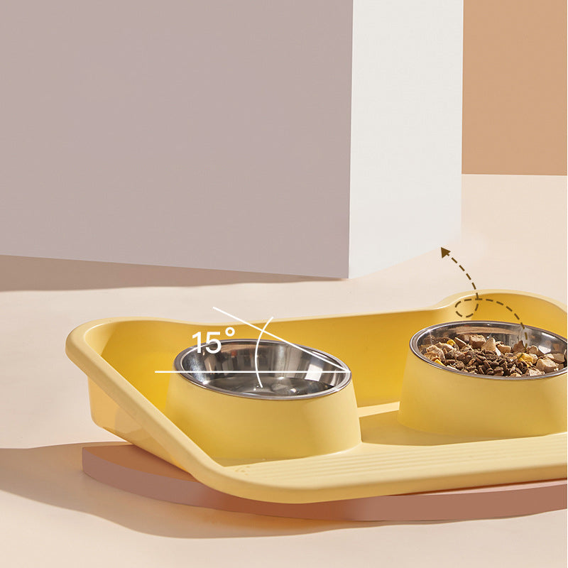 KFX-0486973 Tilted Double Bowl Feeder for Cats and Dogs - Stainless Steel, Leak-Proof, with Neck Protection