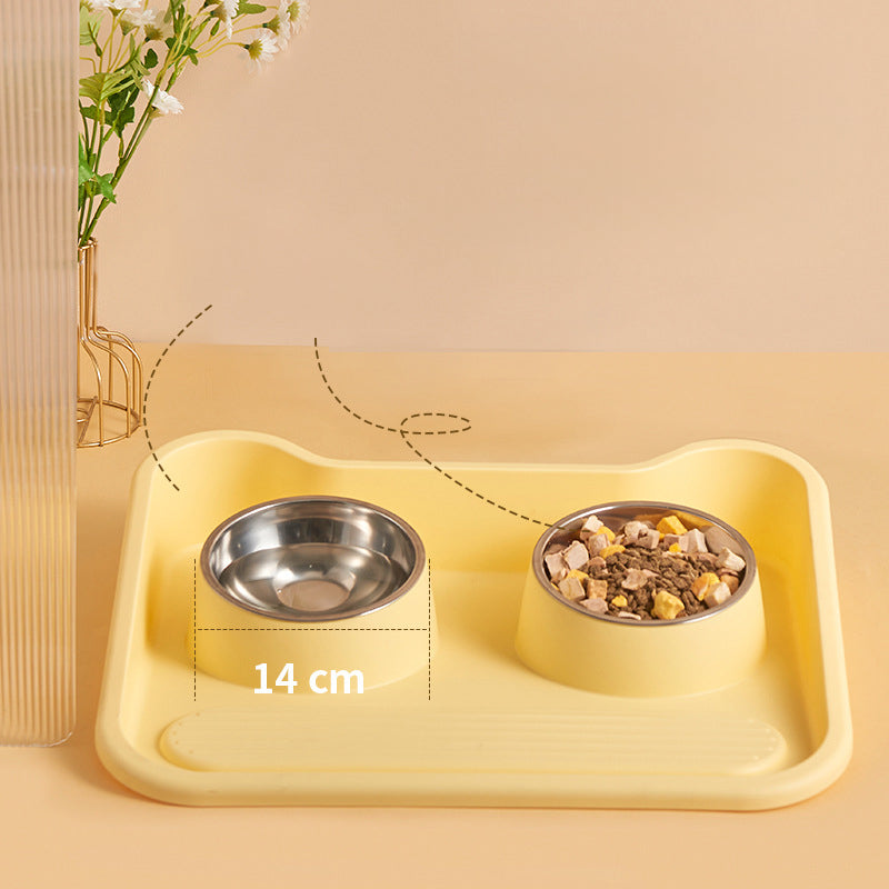 KFX-0486973 Tilted Double Bowl Feeder for Cats and Dogs - Stainless Steel, Leak-Proof, with Neck Protection