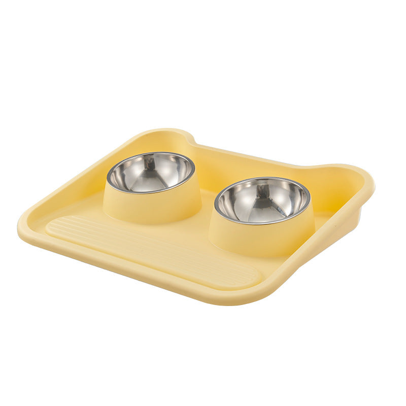 KFX-0486973 Tilted Double Bowl Feeder for Cats and Dogs - Stainless Steel, Leak-Proof, with Neck Protection