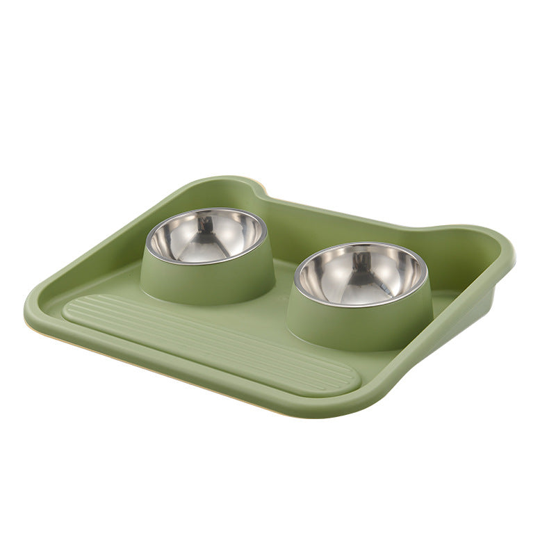 KFX-0486973 Tilted Double Bowl Feeder for Cats and Dogs - Stainless Steel, Leak-Proof, with Neck Protection