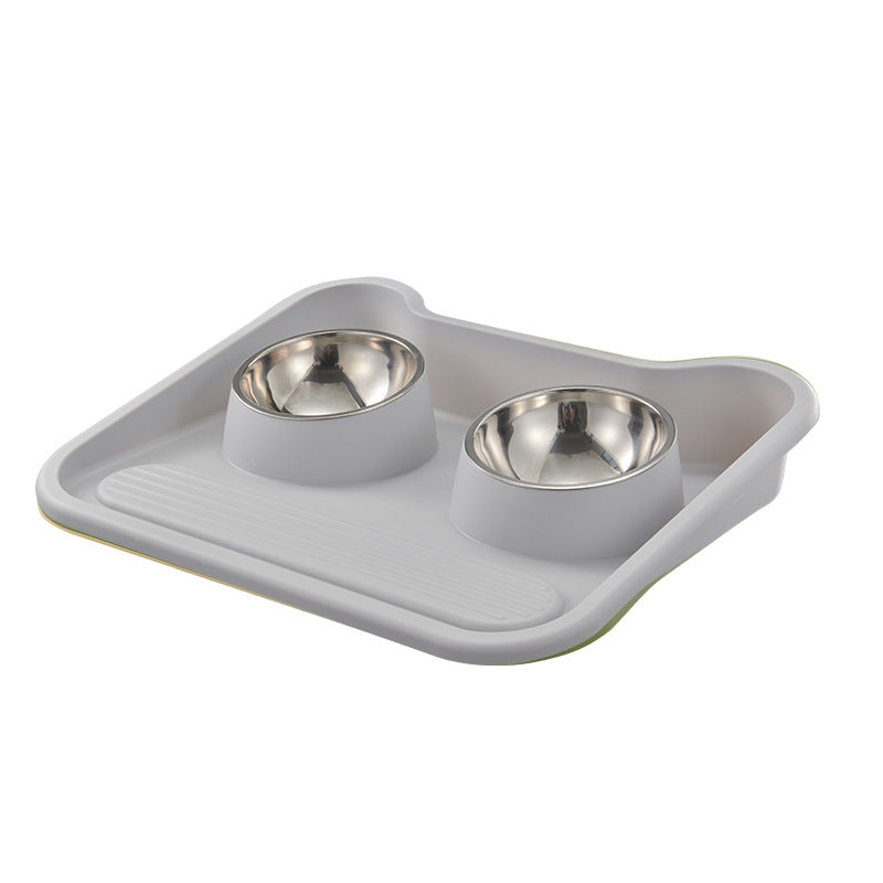 KFX-0486973 Tilted Double Bowl Feeder for Cats and Dogs - Stainless Steel, Leak-Proof, with Neck Protection