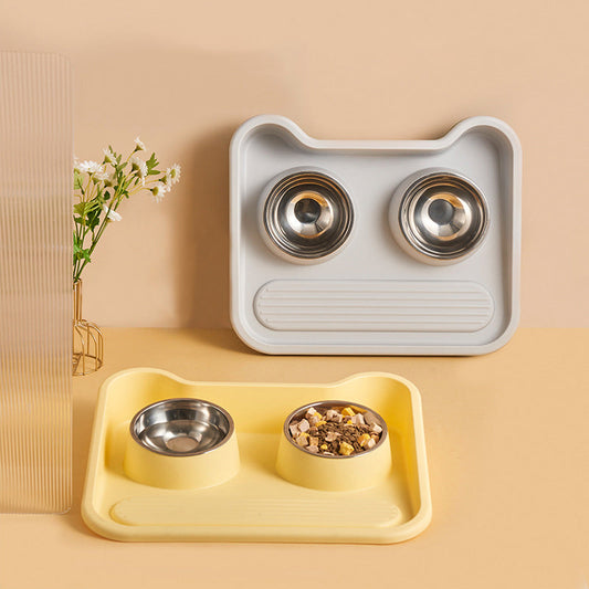KFX-0486973 Tilted Double Bowl Feeder for Cats and Dogs - Stainless Steel, Leak-Proof, with Neck Protection