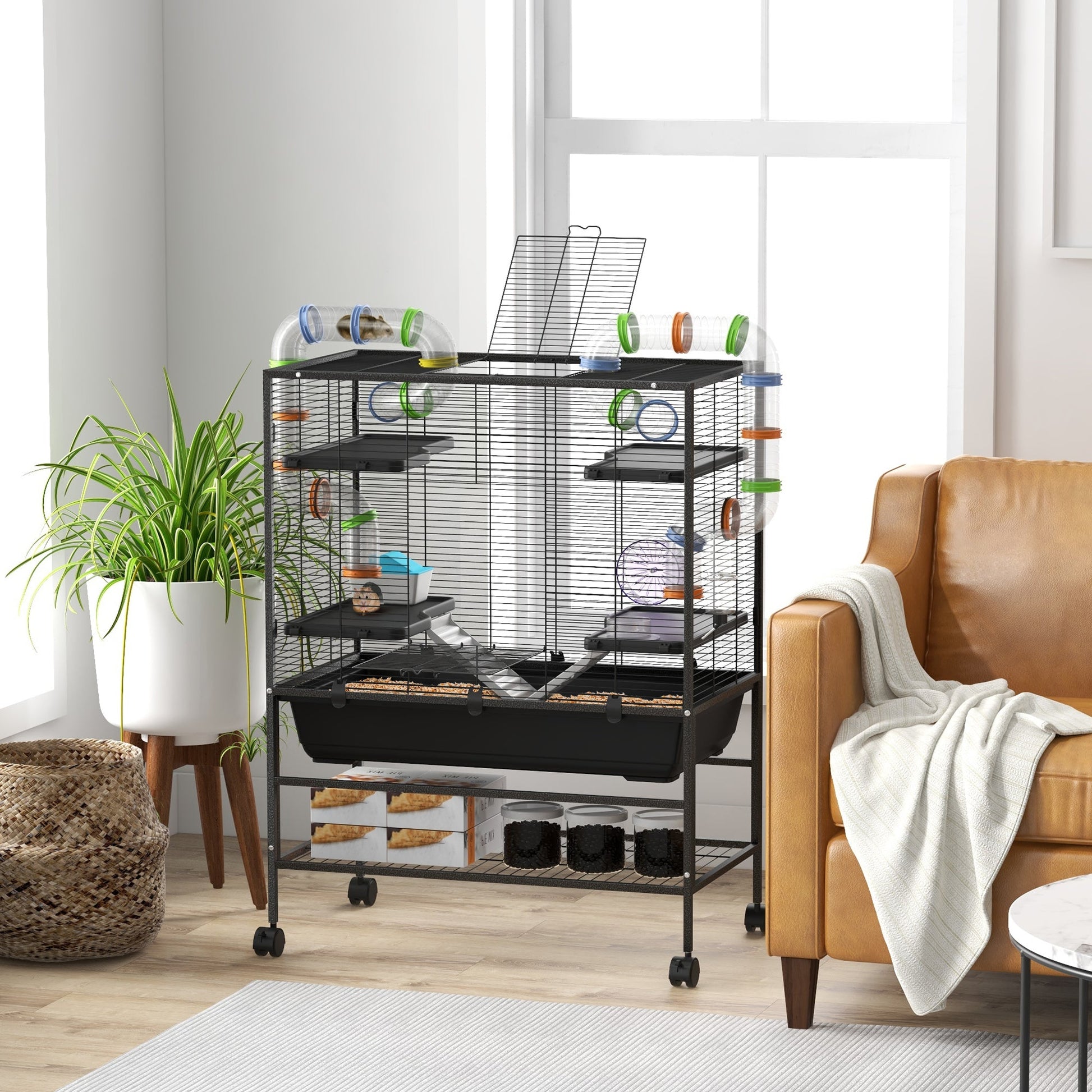 KFX-0490429 Spacious Small Animal Cage with Tubing System, Exercise Wheel, Ramps and Platforms for Hamsters and Gerbils