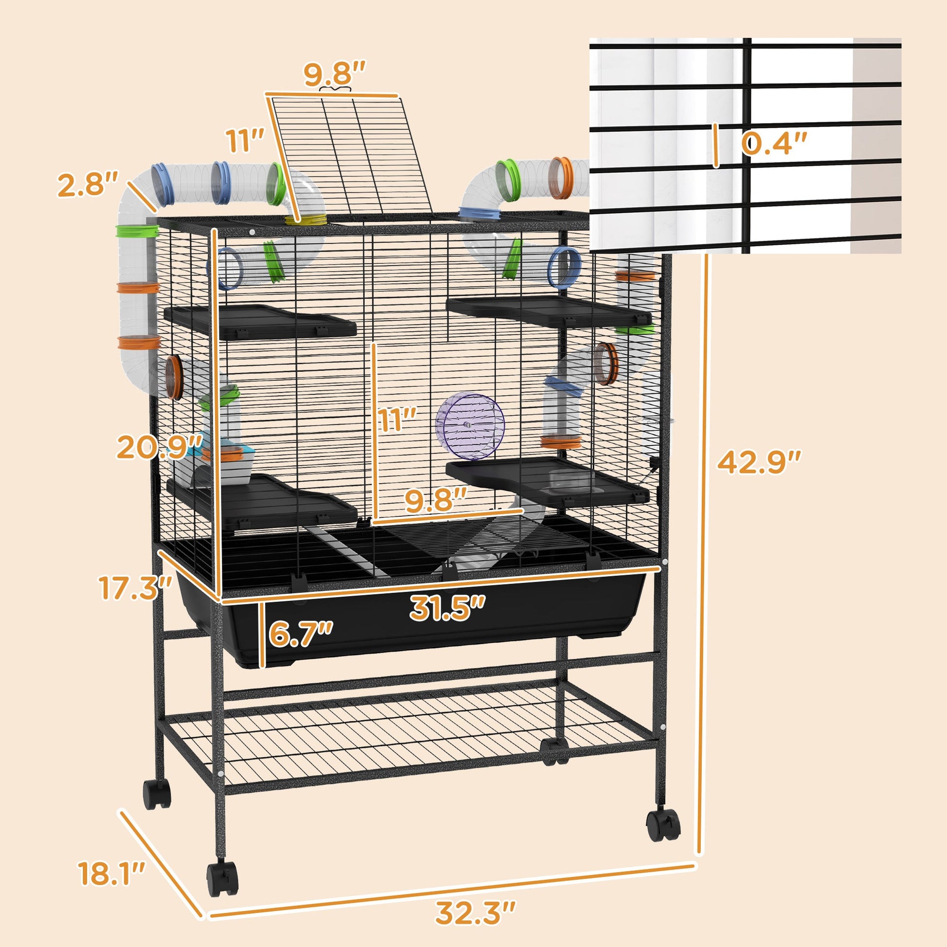 KFX-0490429 Spacious Small Animal Cage with Tubing System, Exercise Wheel, Ramps and Platforms for Hamsters and Gerbils