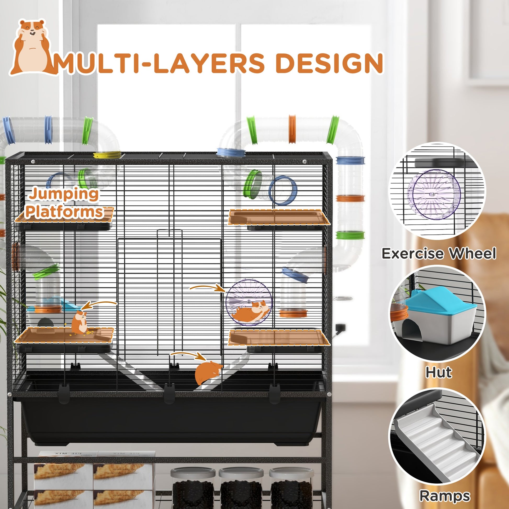 KFX-0490429 Spacious Small Animal Cage with Tubing System, Exercise Wheel, Ramps and Platforms for Hamsters and Gerbils