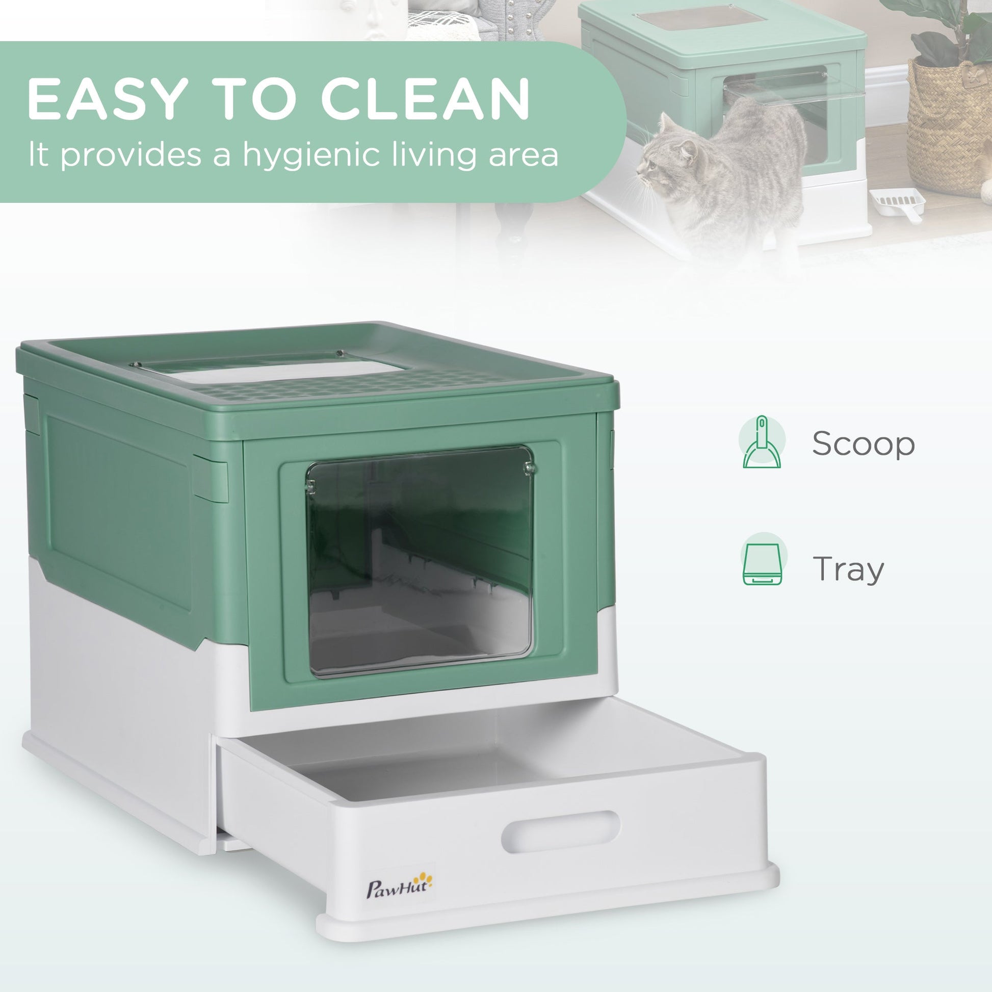 KFX-0492221 PawHut Fully Enclosed Cat Litter Box with Drawer Tray and Top Access, Portable Design, Green
