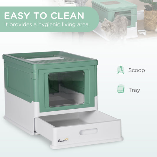 KFX-0492221 PawHut Fully Enclosed Cat Litter Box with Drawer Tray and Top Access, Portable Design, Green