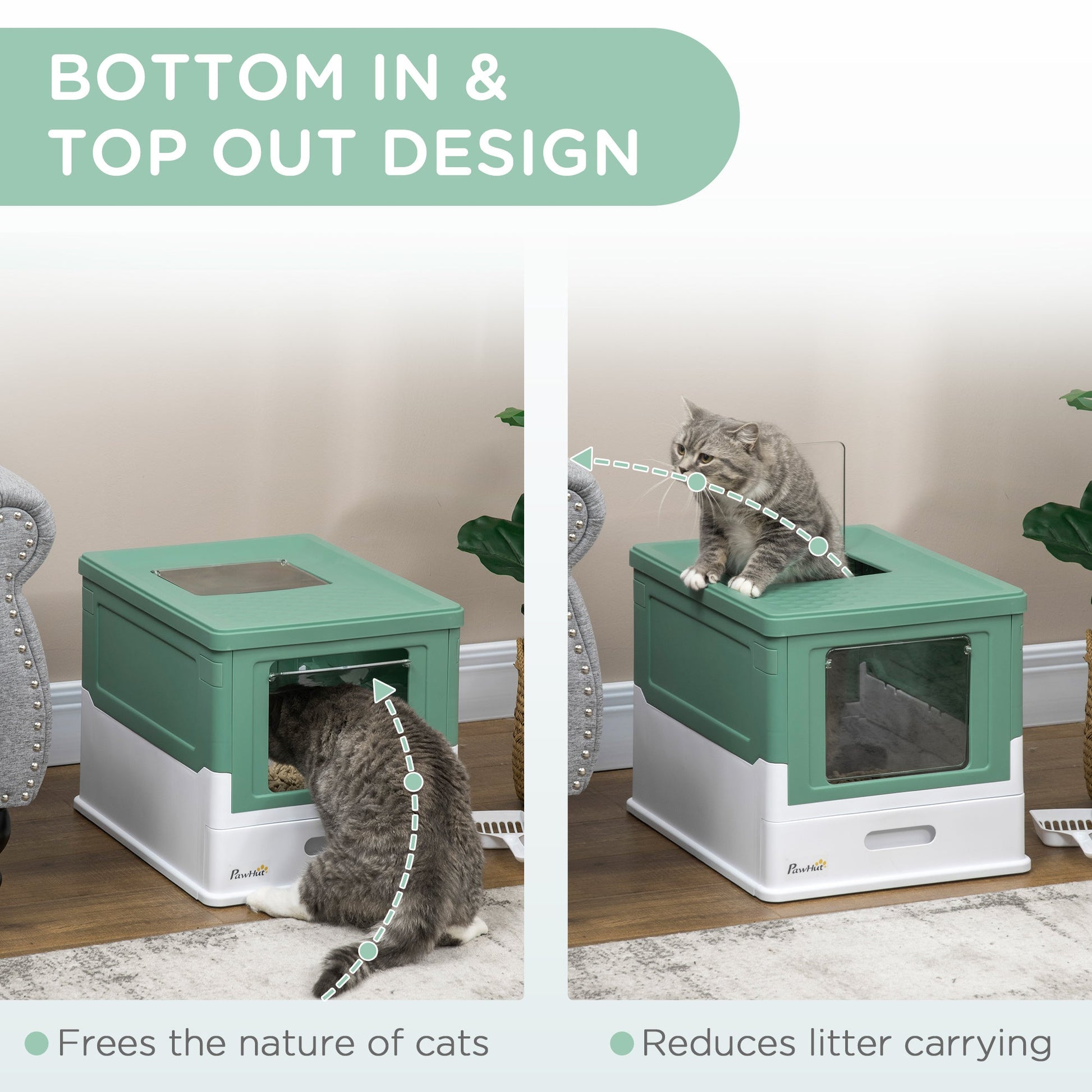 KFX-0492221 PawHut Fully Enclosed Cat Litter Box with Drawer Tray and Top Access, Portable Design, Green