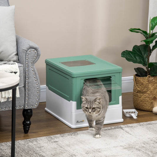 KFX-0492221 PawHut Fully Enclosed Cat Litter Box with Drawer Tray and Top Access, Portable Design, Green