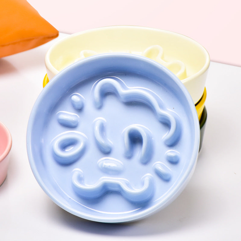 KFX-0492733 Pet Cartoon Anti-Choking Ceramic Bowl for Cats - Available in Pink, Blue, Yellow, and Beige