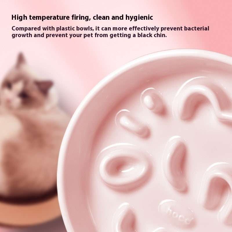 KFX-0492733 Pet Cartoon Anti-Choking Ceramic Bowl for Cats - Available in Pink, Blue, Yellow, and Beige