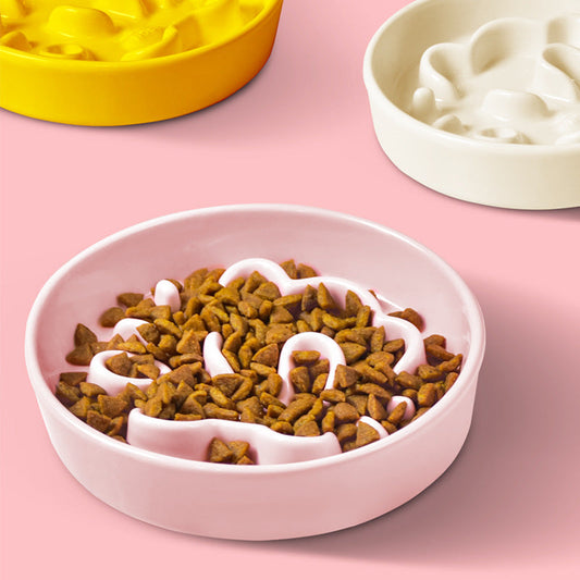 KFX-0492733 Pet Cartoon Anti-Choking Ceramic Bowl for Cats - Available in Pink, Blue, Yellow, and Beige