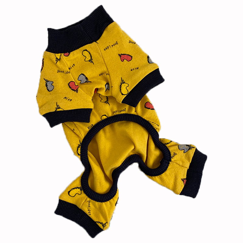 KFX-0497085 Cotton Casual Four-Legged Pug Dog Clothing in Milky White and Yellow Lotus Root
