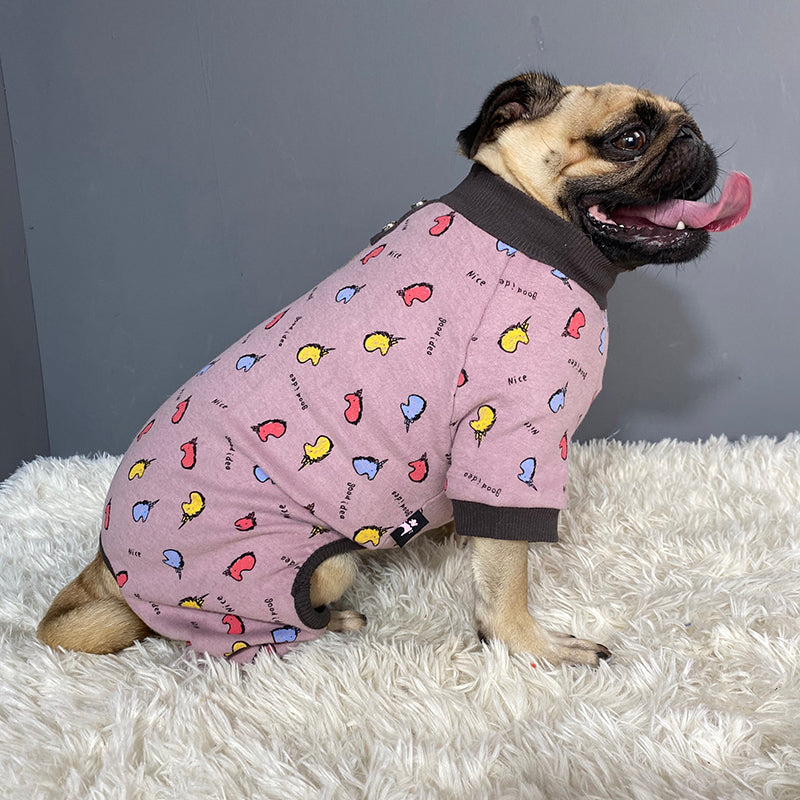 KFX-0497085 Cotton Casual Four-Legged Pug Dog Clothing in Milky White and Yellow Lotus Root
