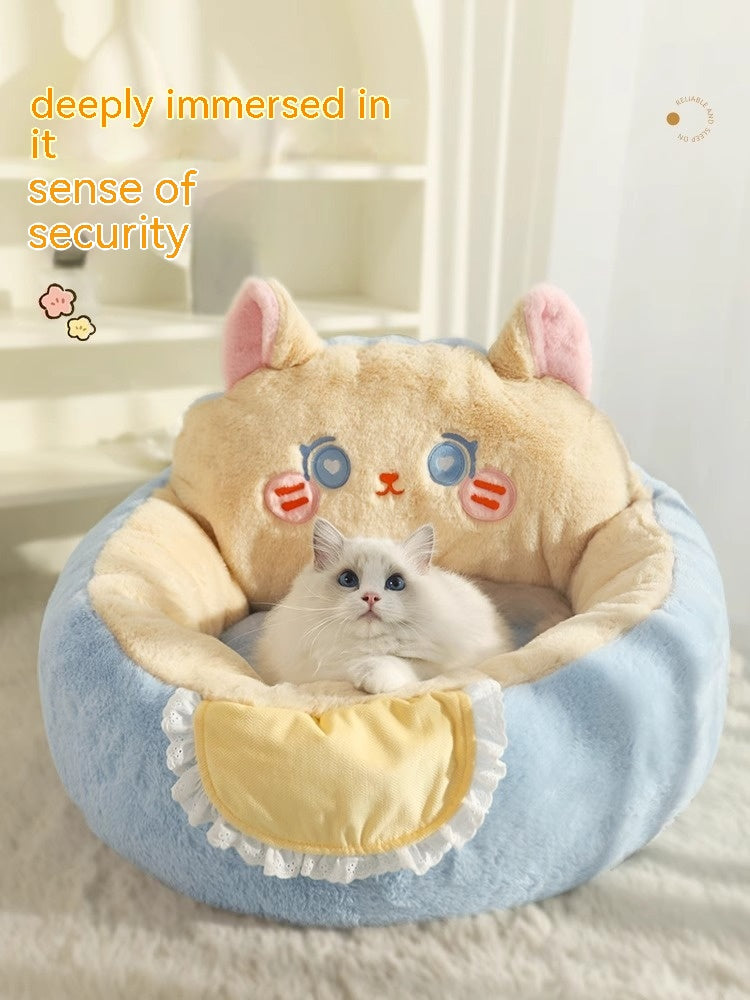 KFX-0502333 Cozy Winter Deep Sleep Pet Bed Mat for Cats - Soft Polyester with Bear Backrest