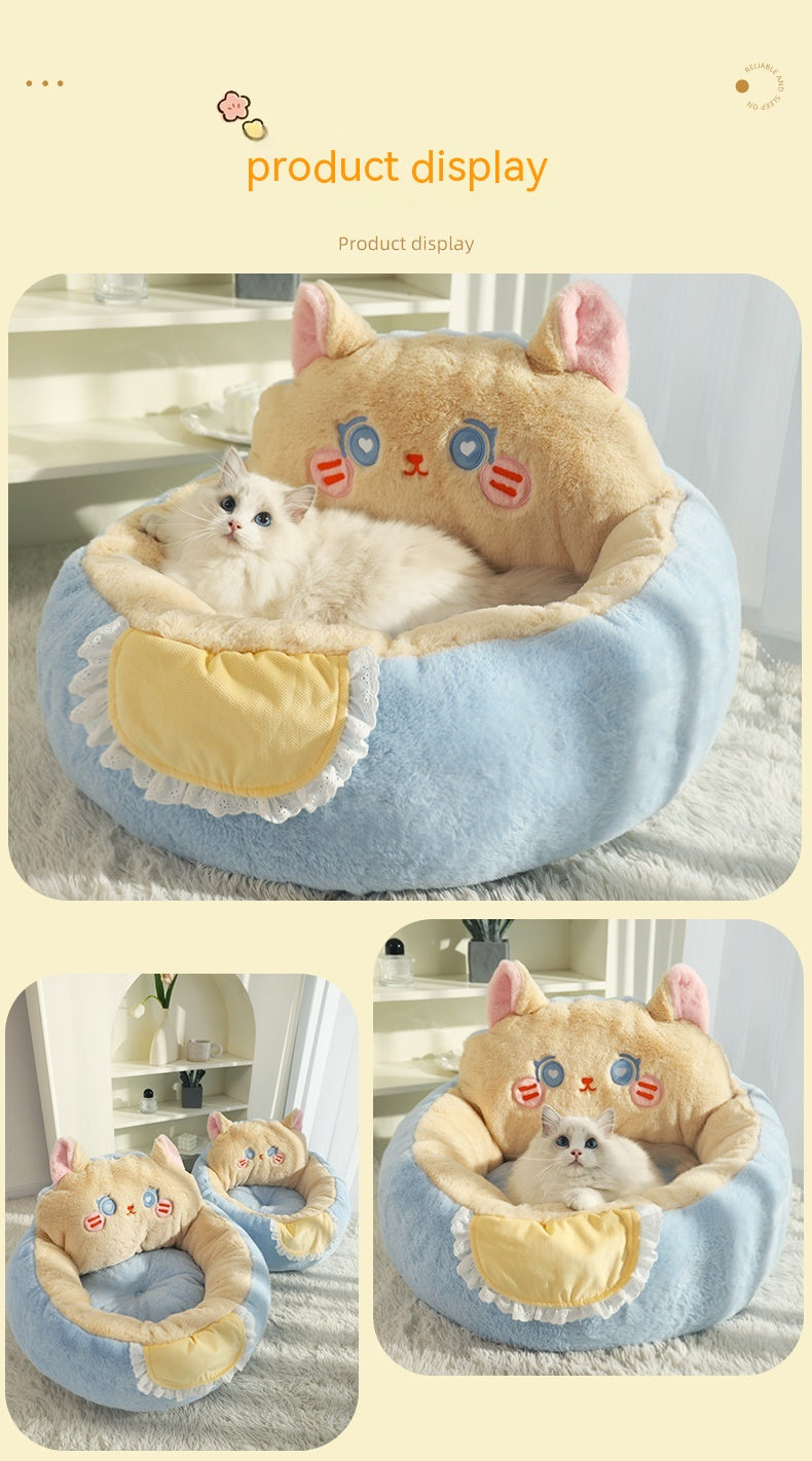 KFX-0502333 Cozy Winter Deep Sleep Pet Bed Mat for Cats - Soft Polyester with Bear Backrest