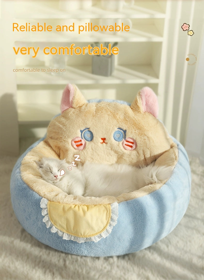 KFX-0502333 Cozy Winter Deep Sleep Pet Bed Mat for Cats - Soft Polyester with Bear Backrest