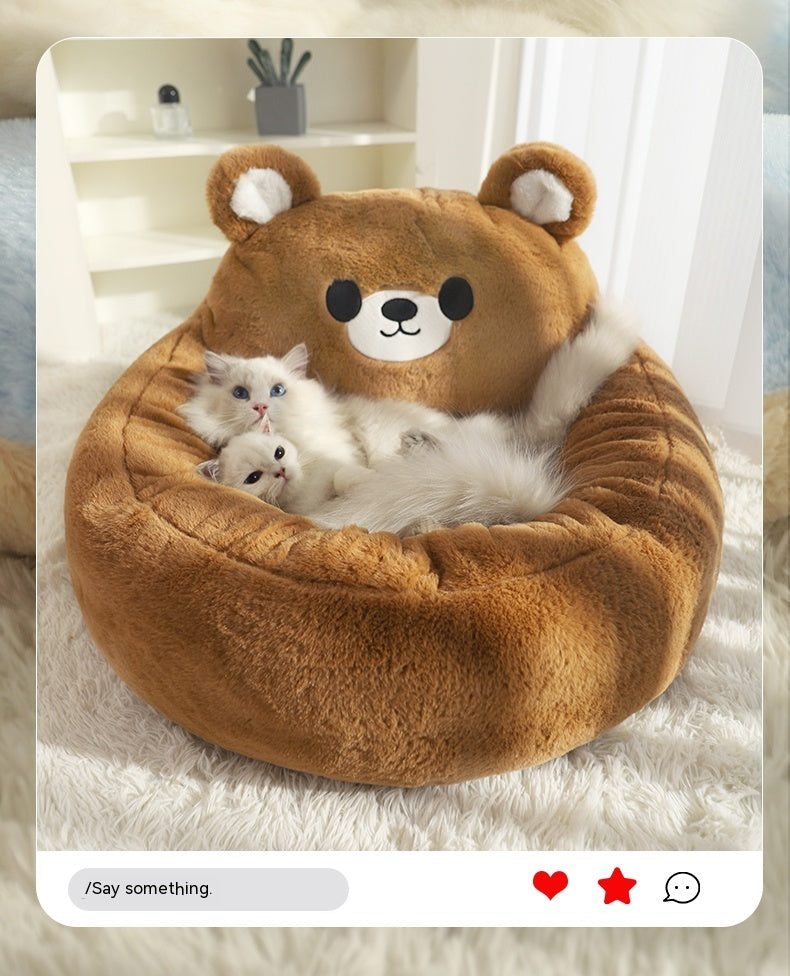 KFX-0502333 Cozy Winter Deep Sleep Pet Bed Mat for Cats - Soft Polyester with Bear Backrest