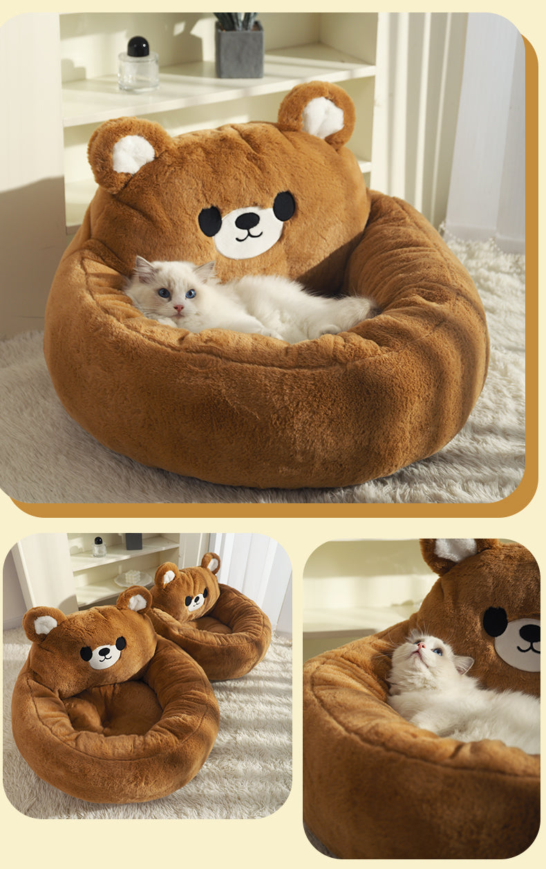 KFX-0502333 Cozy Winter Deep Sleep Pet Bed Mat for Cats - Soft Polyester with Bear Backrest