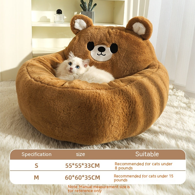 KFX-0502333 Cozy Winter Deep Sleep Pet Bed Mat for Cats - Soft Polyester with Bear Backrest