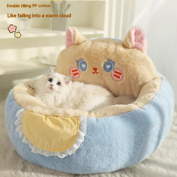 KFX-0502333 Cozy Winter Deep Sleep Pet Bed Mat for Cats - Soft Polyester with Bear Backrest