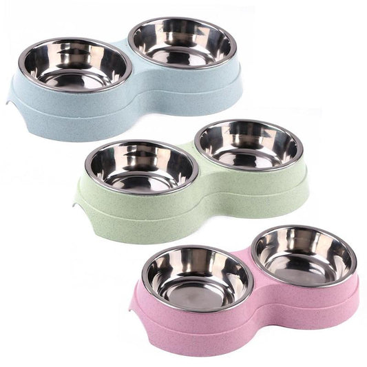 KFX-0502461 Two-in-One Double Bowl Pet Food and Water Dish in Straw Plastic - Available in Blue, Green, and Pink
