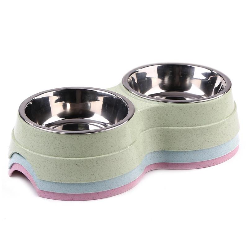 KFX-0502461 Two-in-One Double Bowl Pet Food and Water Dish in Straw Plastic - Available in Blue, Green, and Pink
