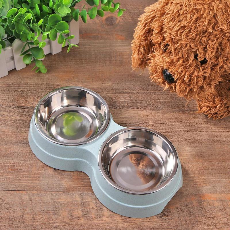 KFX-0502461 Two-in-One Double Bowl Pet Food and Water Dish in Straw Plastic - Available in Blue, Green, and Pink