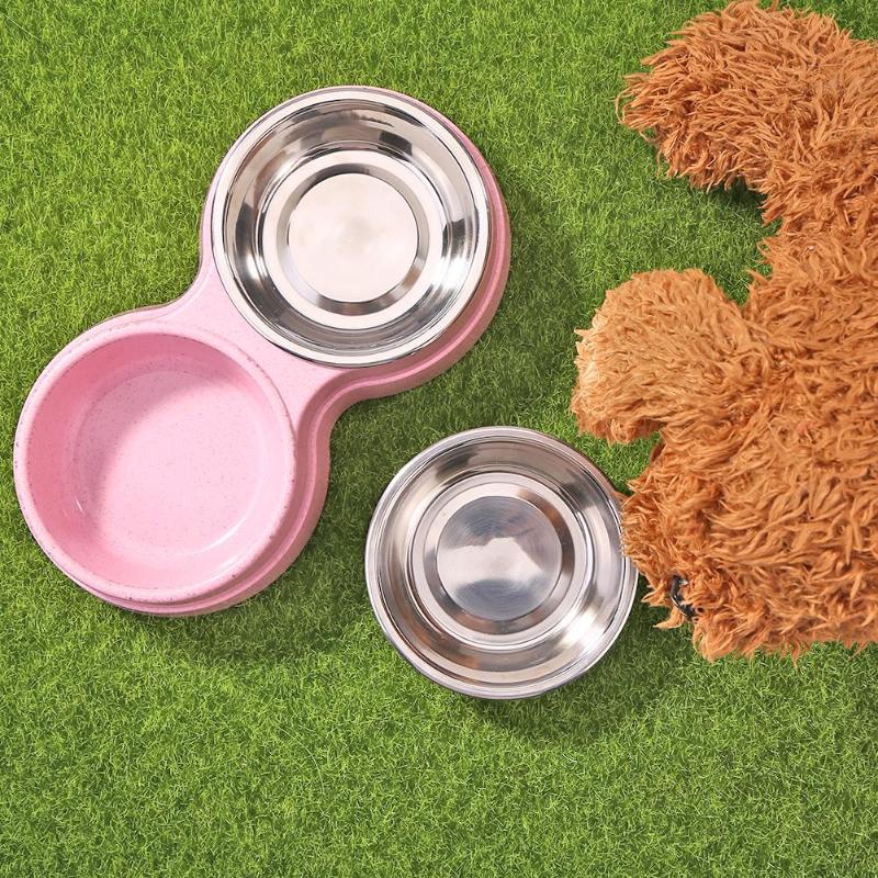 KFX-0502461 Two-in-One Double Bowl Pet Food and Water Dish in Straw Plastic - Available in Blue, Green, and Pink