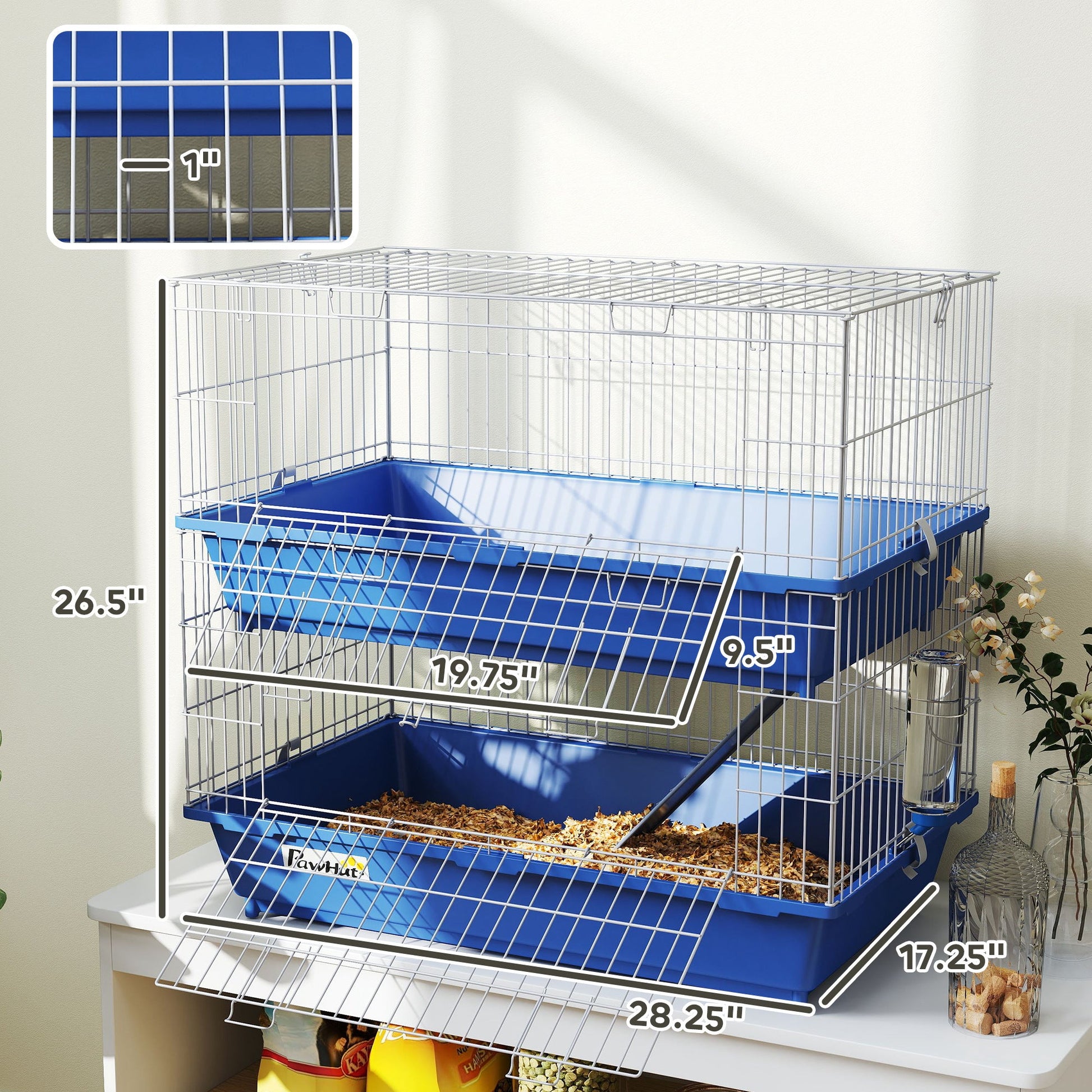 KFX-0511677 2-Tier Indoor Small Animal Cage for Guinea Pigs, Ferrets, and Chinchillas with Ramp, Food Dish, and Water Bottle, Blue and Gray
