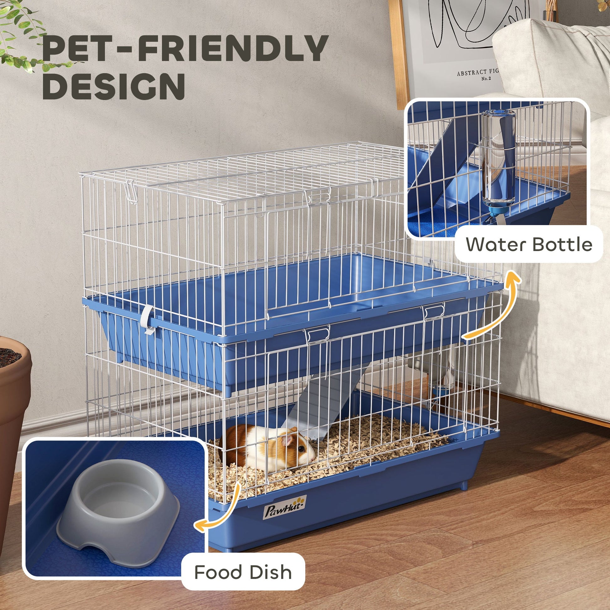 KFX-0511677 2-Tier Indoor Small Animal Cage for Guinea Pigs, Ferrets, and Chinchillas with Ramp, Food Dish, and Water Bottle, Blue and Gray
