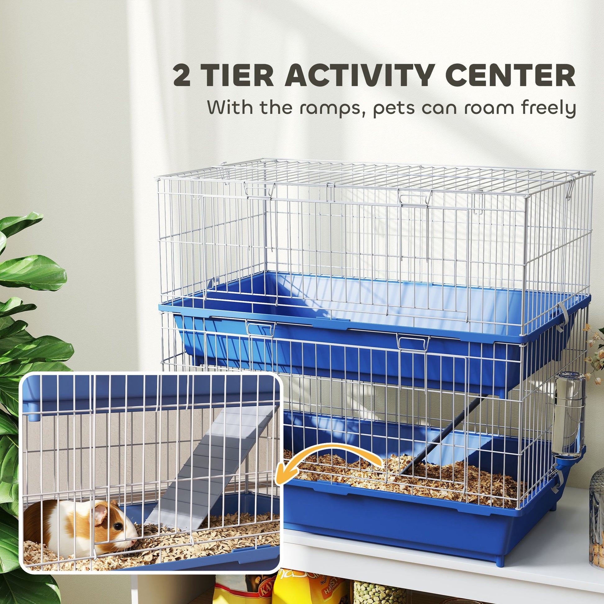 KFX-0511677 2-Tier Indoor Small Animal Cage for Guinea Pigs, Ferrets, and Chinchillas with Ramp, Food Dish, and Water Bottle, Blue and Gray