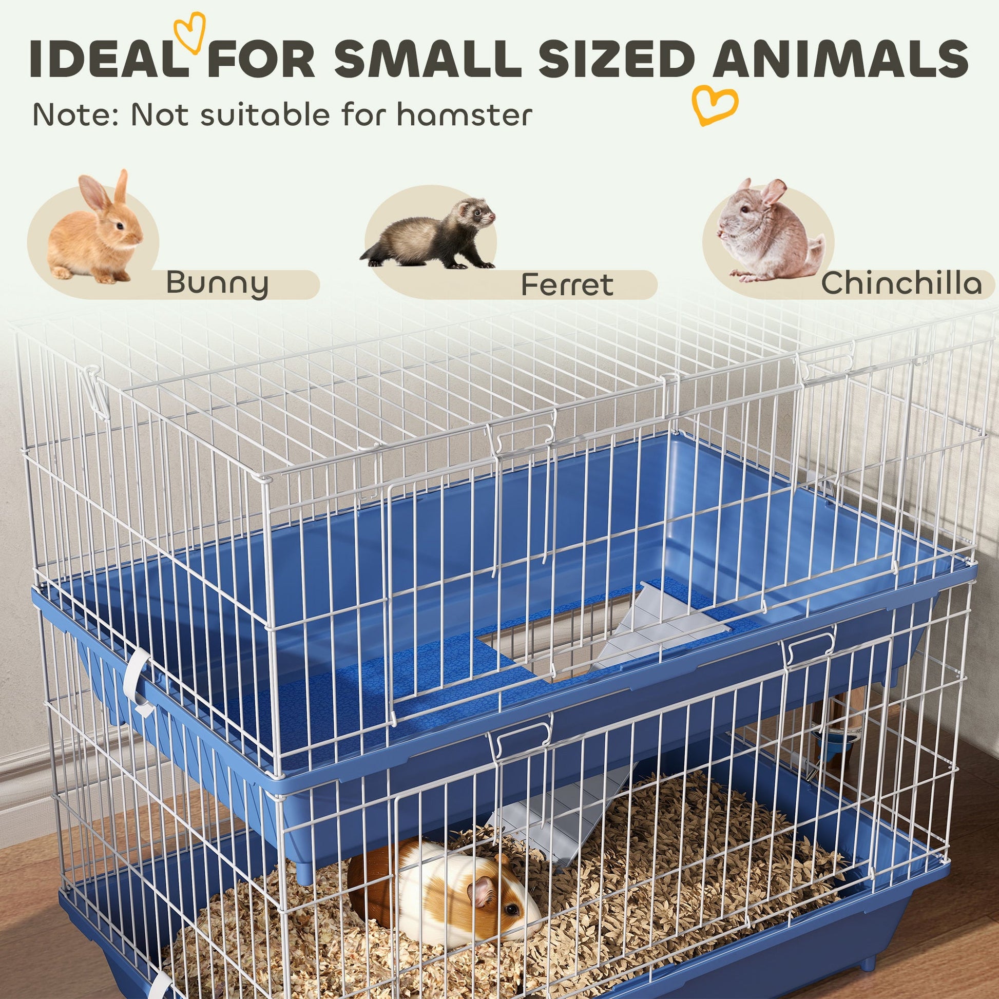 KFX-0511677 2-Tier Indoor Small Animal Cage for Guinea Pigs, Ferrets, and Chinchillas with Ramp, Food Dish, and Water Bottle, Blue and Gray