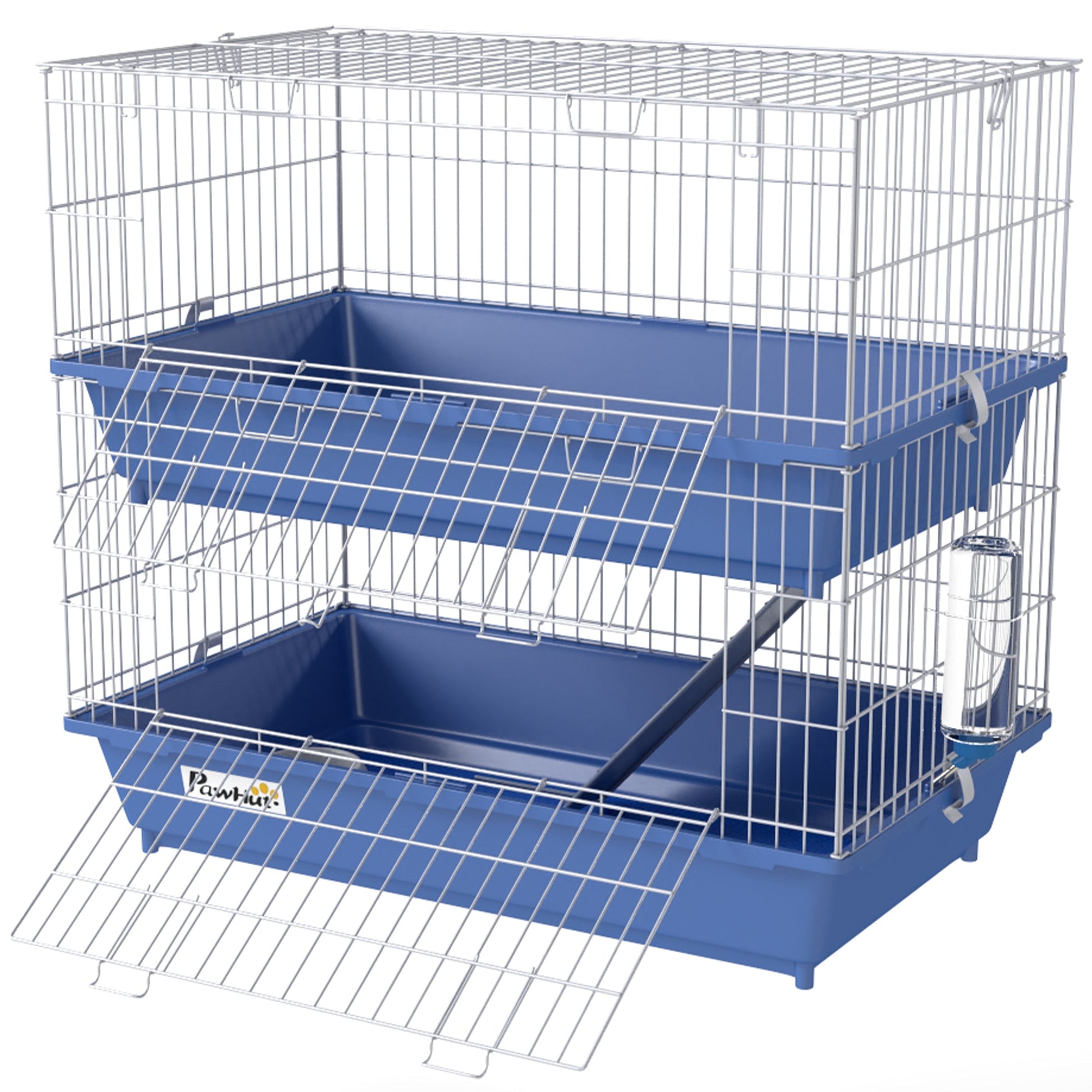KFX-0511677 2-Tier Indoor Small Animal Cage for Guinea Pigs, Ferrets, and Chinchillas with Ramp, Food Dish, and Water Bottle, Blue and Gray