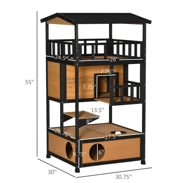 KFX-0517437 Wooden Cat House with Multiple Entrances and Spacious Design for Indoor/Outdoor Use