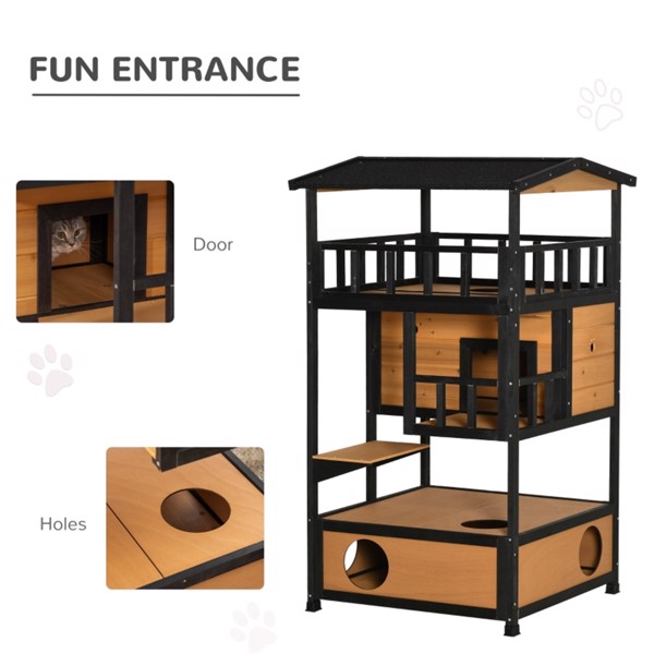 KFX-0517437 Wooden Cat House with Multiple Entrances and Spacious Design for Indoor/Outdoor Use